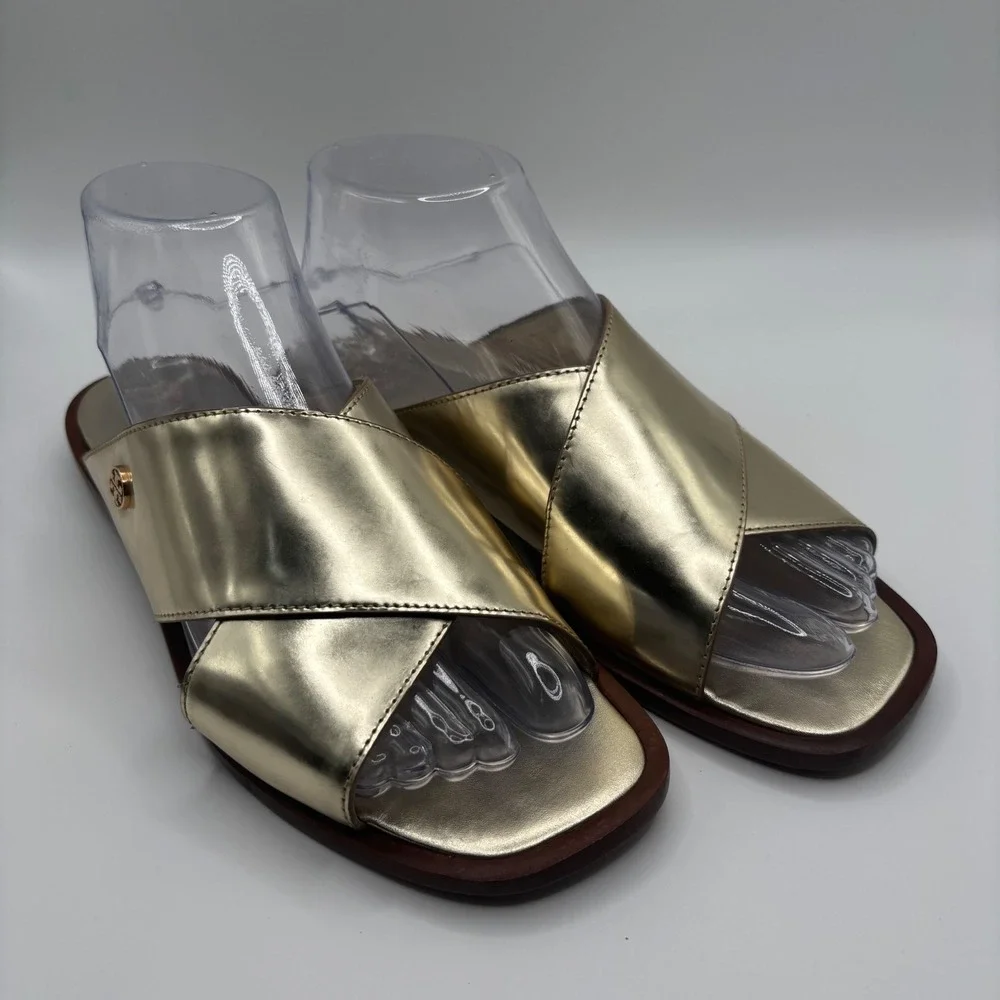 Tory Burch Slides Womens 7.5 Gold Metallic Leather Crisscross Flat Sandals